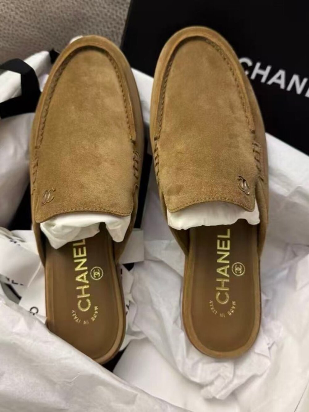 CHANEL Suede CC Logo Mule Loafers Brown Tan